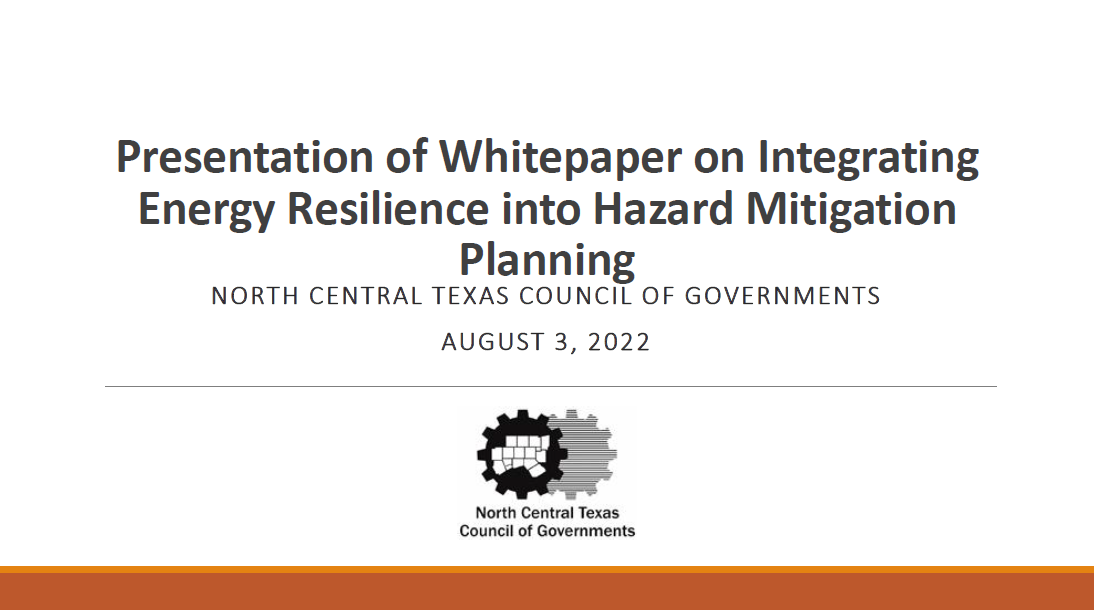 Title slide for webinar titled Presentation of Whitepaper on Integrating Energy Resilience into Hazard Mitigation Planning