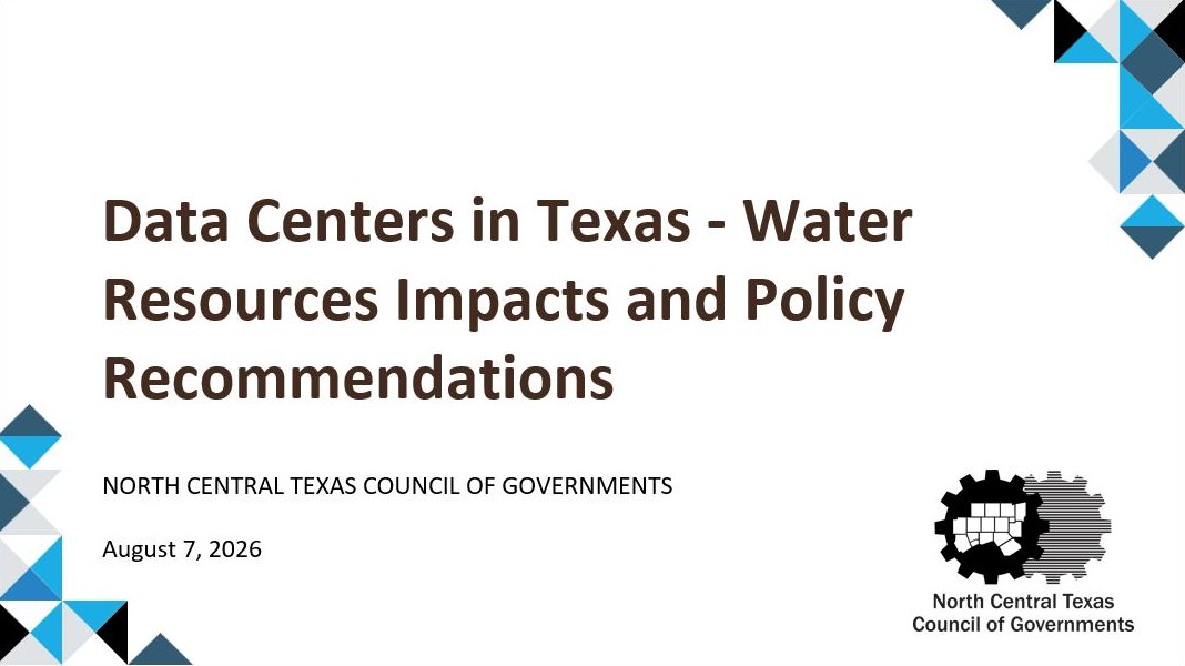 Image of Presentation title slide with the text "Data Centers in Texas - Water Resources Impacts and Policy Recommendations Webinar" and date August 7, 2026